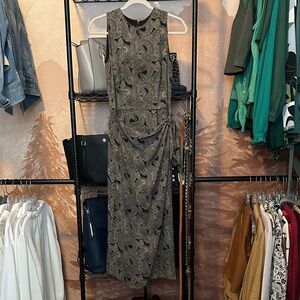 Sleeveless Olive & Black Paisley Maxi Dress with Side Gather